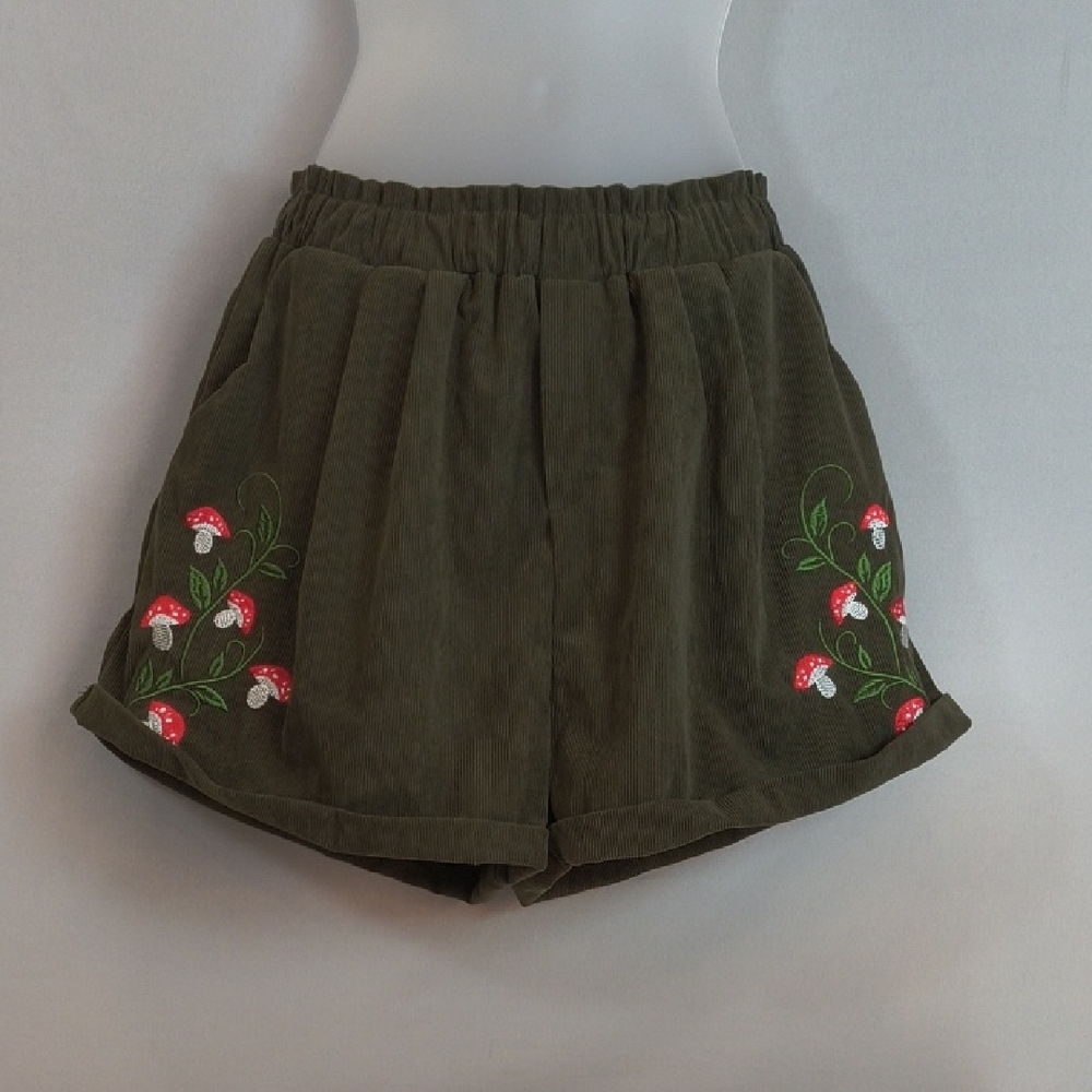 Embroidered Mushrooms Olive Green Women's Comfortable Corduroy Shorts Size ?